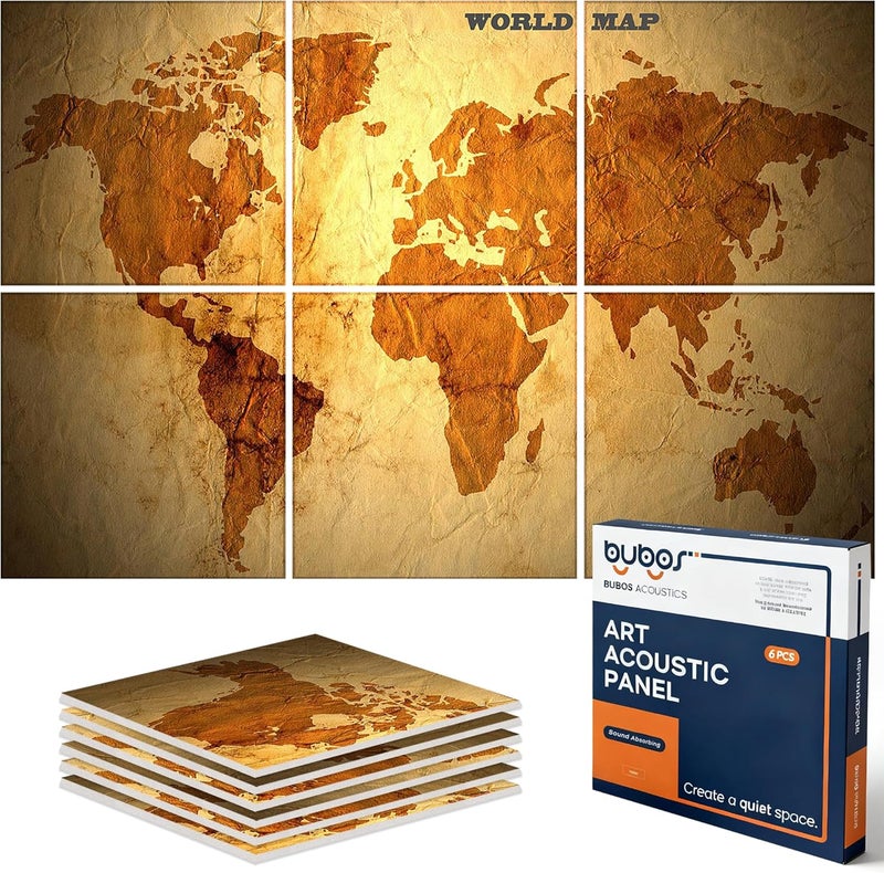 B Bubos 6 Pack Art Acoustic Panels Soundproof Wall Panel,70.8X47.2 Inches Large Sound Absorbing Panel,Self-Adhesive Decorative Acoustical Wall Panels, Acoustic Treatment for Home Office（World Map） - Image 1